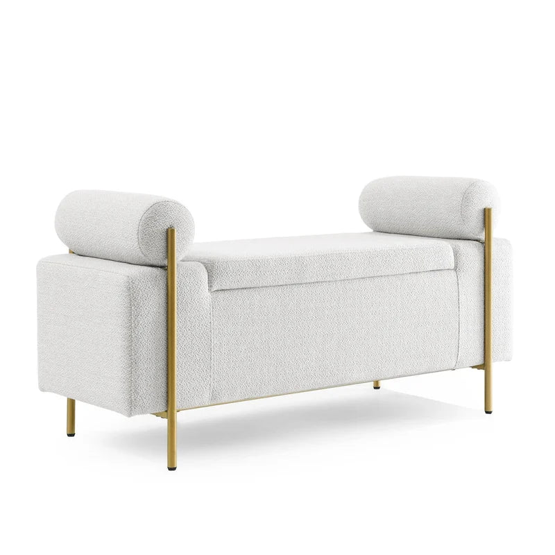 Elegant Upholstered Storage Bench with Cylindrical Arms and Iron Legs