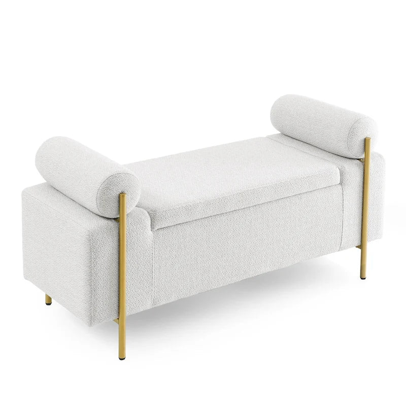 Elegant Upholstered Storage Bench with Cylindrical Arms and Iron Legs