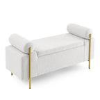 Elegant Upholstered Storage Bench with Cylindrical Arms and Iron Legs