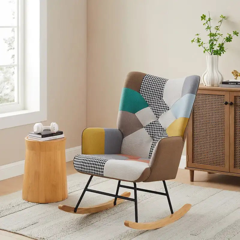 VANOMi 25.2  Wide French Patchwork Linen Upholstered Nursery Rocking Chair with Wood Legs