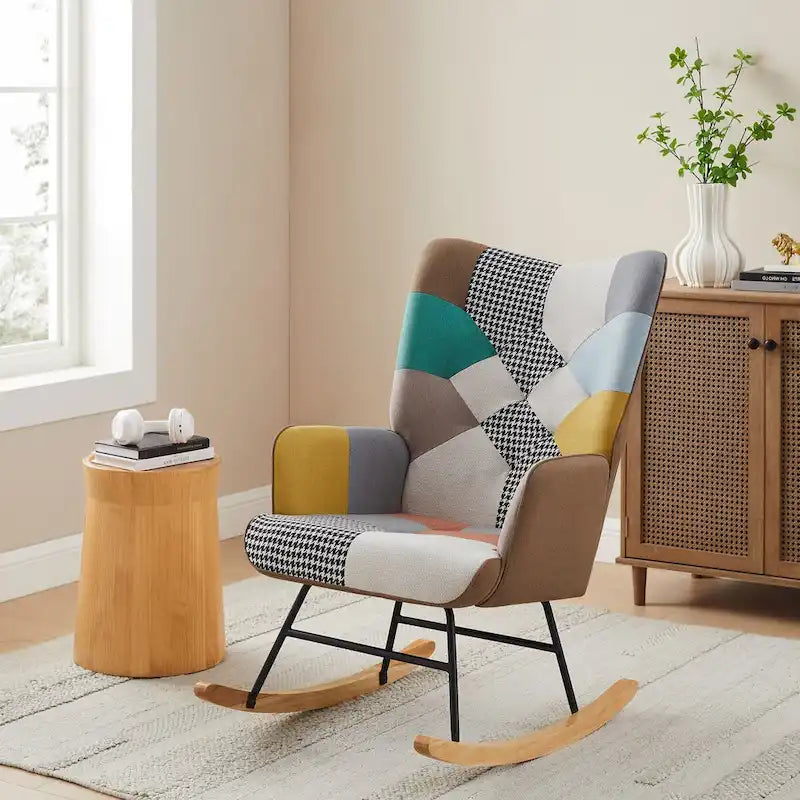 VANOMi 25.2  Wide French Patchwork Linen Upholstered Nursery Rocking Chair with Wood Legs