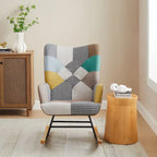 VANOMi 25.2  Wide French Patchwork Linen Upholstered Nursery Rocking Chair with Wood Legs