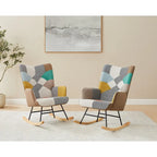 VANOMi 25.2  Wide French Patchwork Linen Upholstered Nursery Rocking Chair with Wood Legs