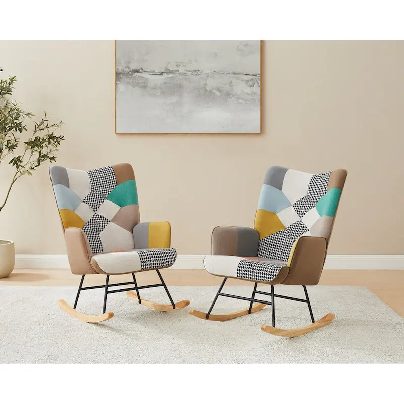 VANOMi 25.2  Wide French Patchwork Linen Upholstered Nursery Rocking Chair with Wood Legs