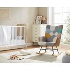 VANOMi 25.2  Wide French Patchwork Linen Upholstered Nursery Rocking Chair with Wood Legs