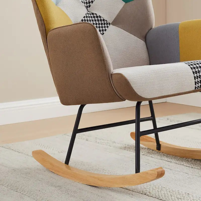 VANOMi 25.2  Wide French Patchwork Linen Upholstered Nursery Rocking Chair with Wood Legs