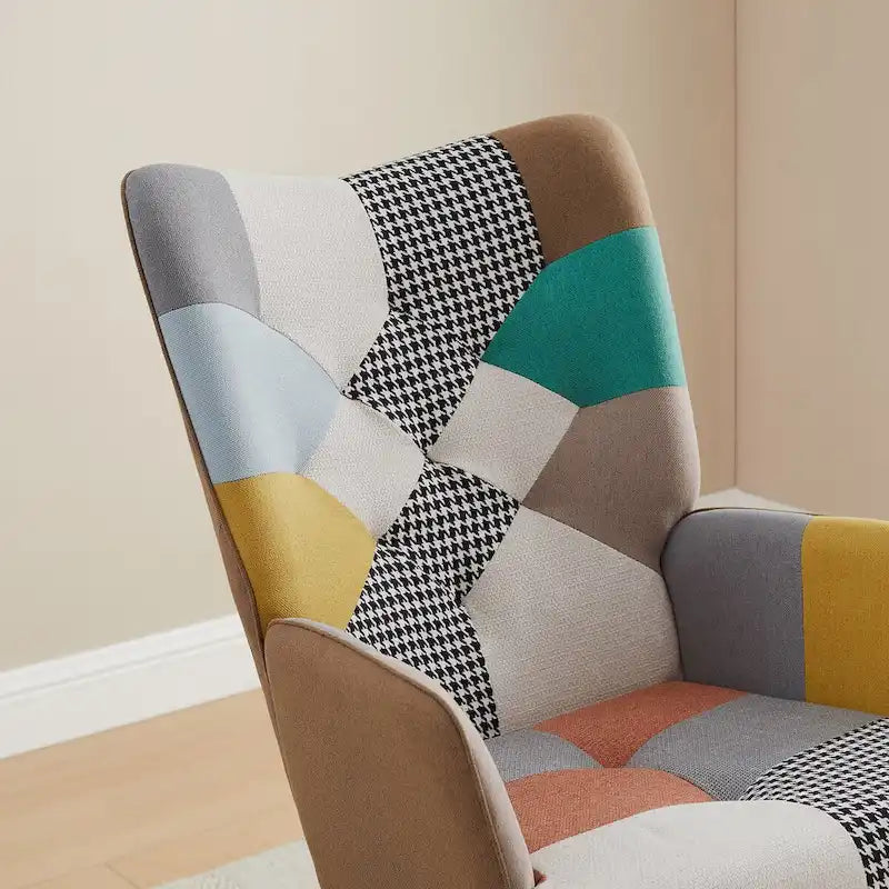 VANOMi 25.2  Wide French Patchwork Linen Upholstered Nursery Rocking Chair with Wood Legs