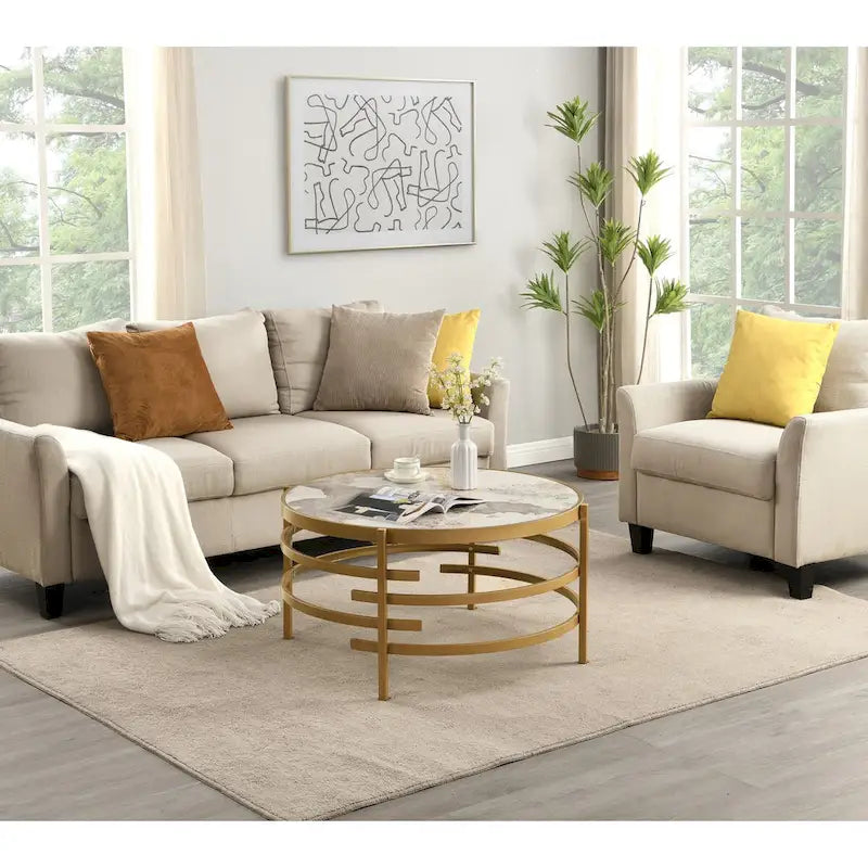 32.48  Round Coffee Table With Sintered Stone Top & Sturdy Metal Frame, Modern Coffee Table for Living Room