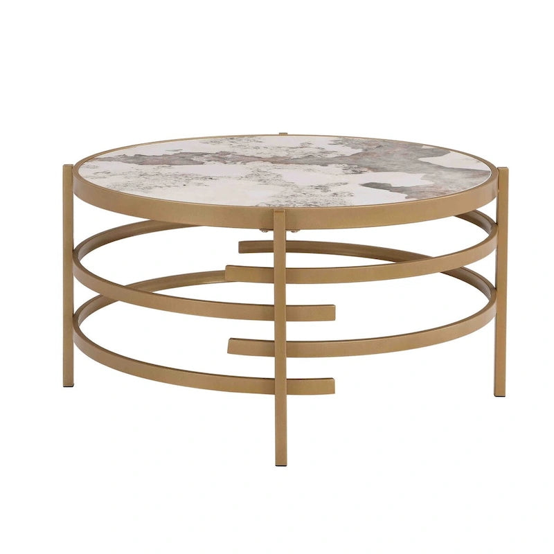 32.48  Round Coffee Table With Sintered Stone Top & Sturdy Metal Frame, Modern Coffee Table for Living Room