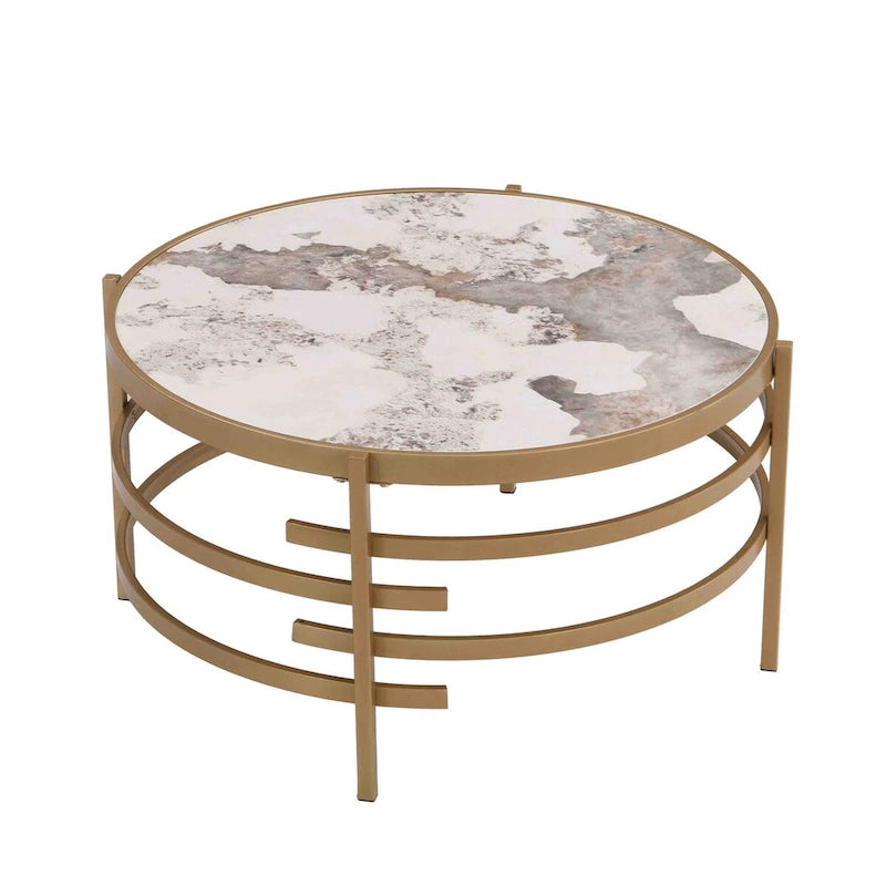 32.48  Round Coffee Table With Sintered Stone Top & Sturdy Metal Frame, Modern Coffee Table for Living Room
