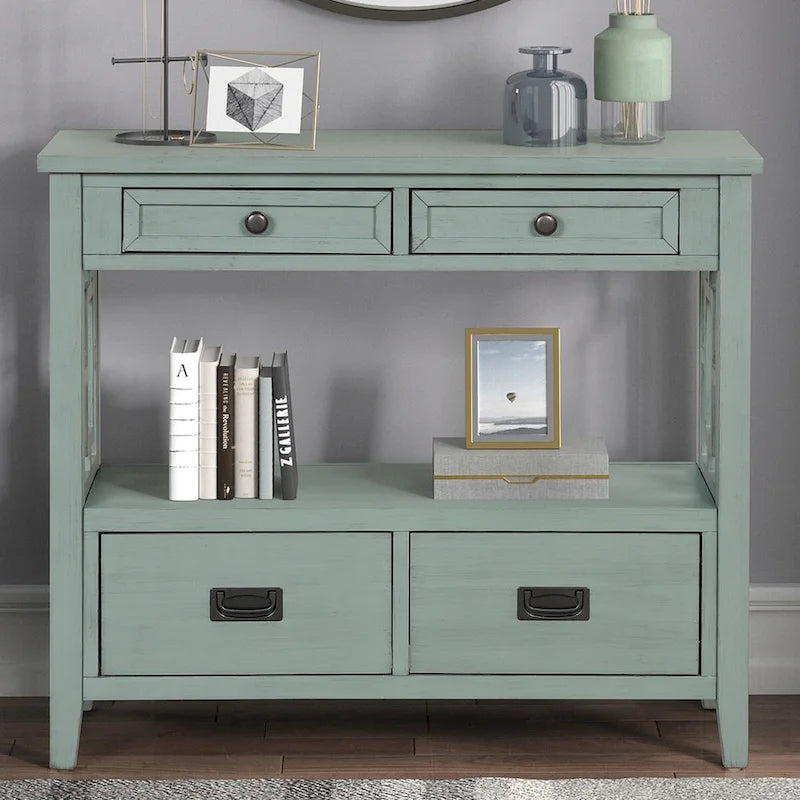 Wood Console Table Entry Sofa Table with 4 Drawers & 1 Storage Shelf for Entryway Living Room Bedroom