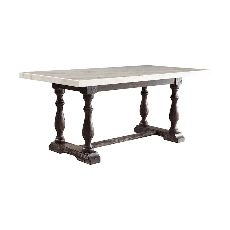 Wooden Dining Table with Marble Top , White and Brown