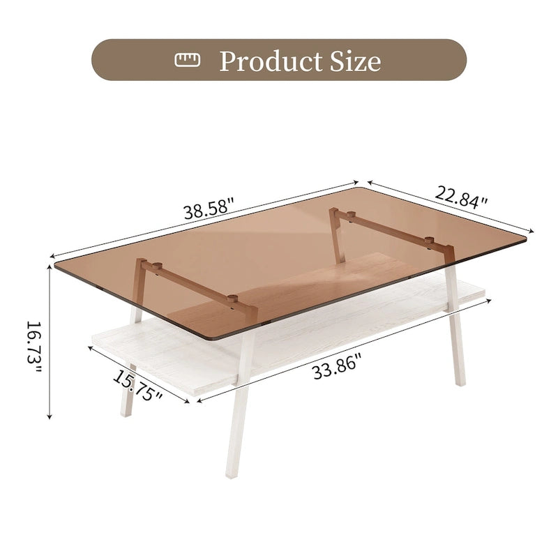 Rectangle Coffee Table,Tempered Glass Tabletop with Metal Legs,Modern Table for Living Room,Glass