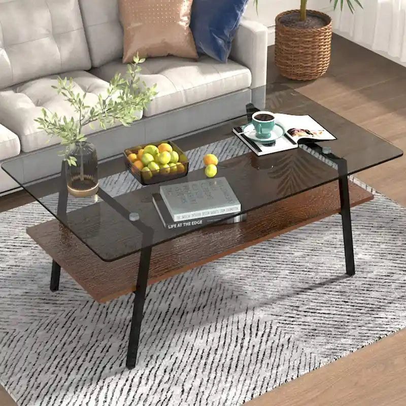 Rectangle Coffee Table,Tempered Glass Tabletop with Metal Legs,Modern Table for Living Room,Glass
