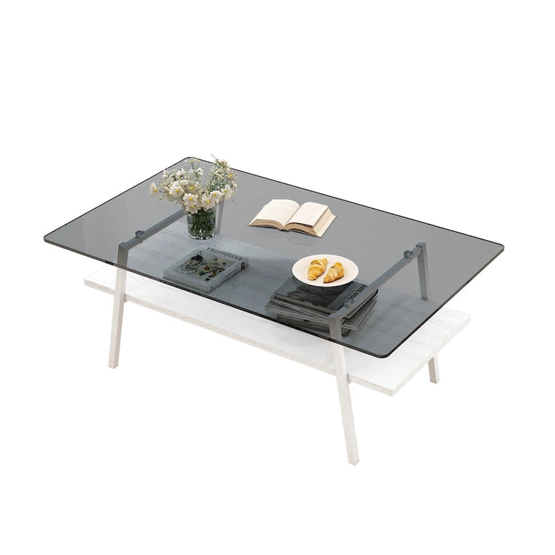 Rectangle Coffee Table,Tempered Glass Tabletop with Metal Legs,Modern Table for Living Room,Glass