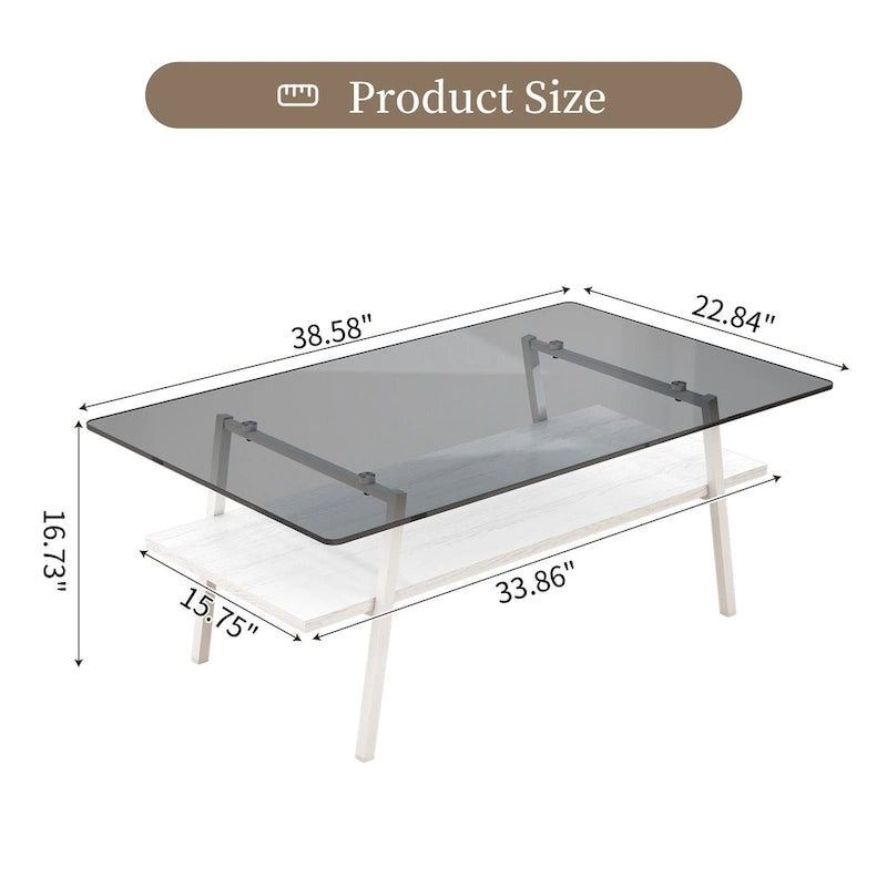 Rectangle Coffee Table,Tempered Glass Tabletop with Metal Legs,Modern Table for Living Room,Glass