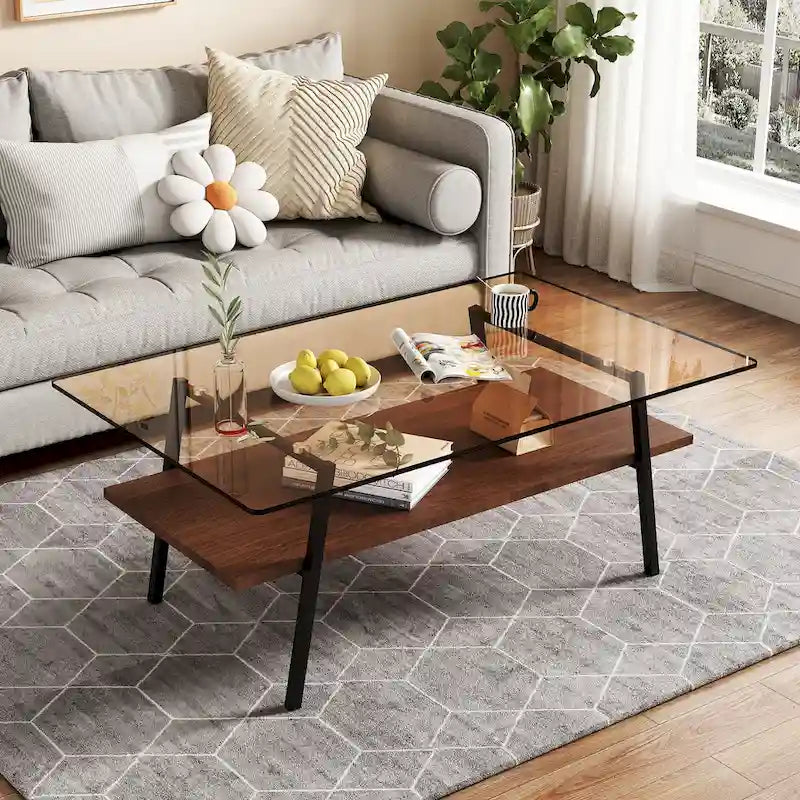 Rectangle Coffee Table,Tempered Glass Tabletop with Metal Legs,Modern Table for Living Room,Glass