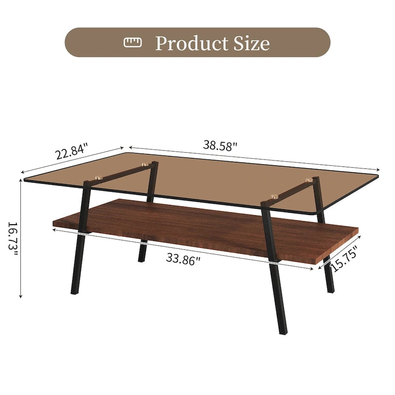 Rectangle Coffee Table,Tempered Glass Tabletop with Metal Legs,Modern Table for Living Room,Glass