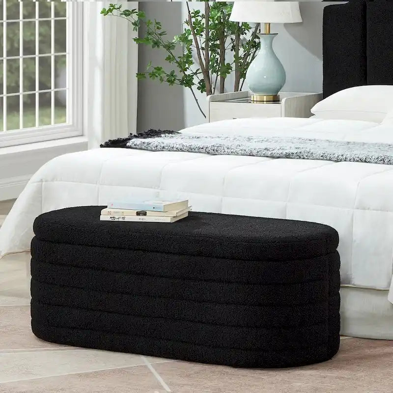 Modern Oval Storage Ottoman Bench,Upholstered Boucle Teddy Fabric End of Bed Bench with Storage,End of Bed Stool