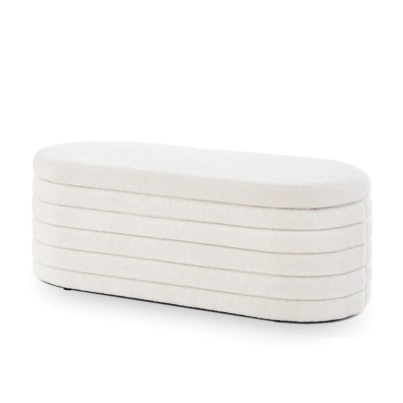 Modern Oval Storage Ottoman Bench,Upholstered Boucle Teddy Fabric End of Bed Bench with Storage,End of Bed Stool