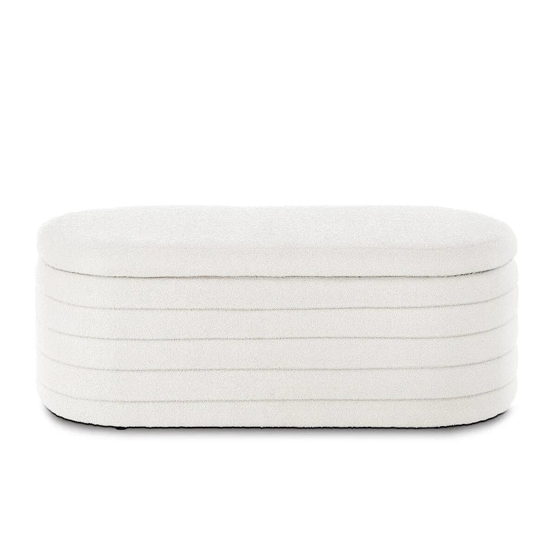 Modern Oval Storage Ottoman Bench,Upholstered Boucle Teddy Fabric End of Bed Bench with Storage,End of Bed Stool
