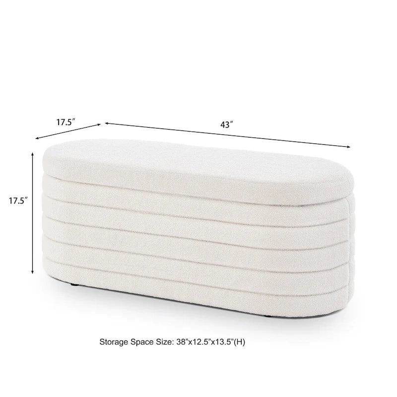 Modern Oval Storage Ottoman Bench,Upholstered Boucle Teddy Fabric End of Bed Bench with Storage,End of Bed Stool