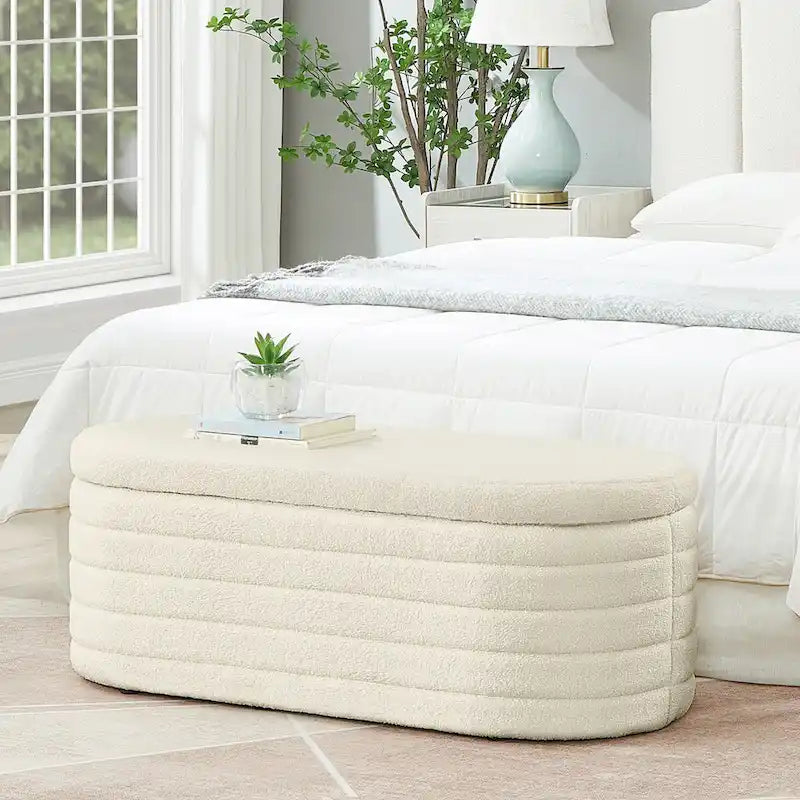 Modern Oval Storage Ottoman Bench,Upholstered Boucle Teddy Fabric End of Bed Bench with Storage,End of Bed Stool