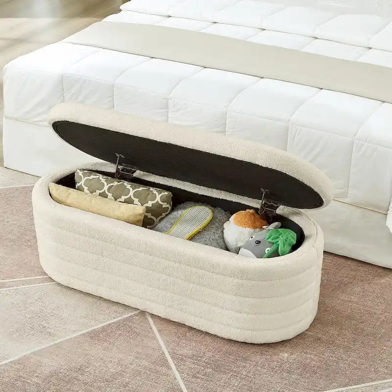 Modern Oval Storage Ottoman Bench,Upholstered Boucle Teddy Fabric End of Bed Bench with Storage,End of Bed Stool
