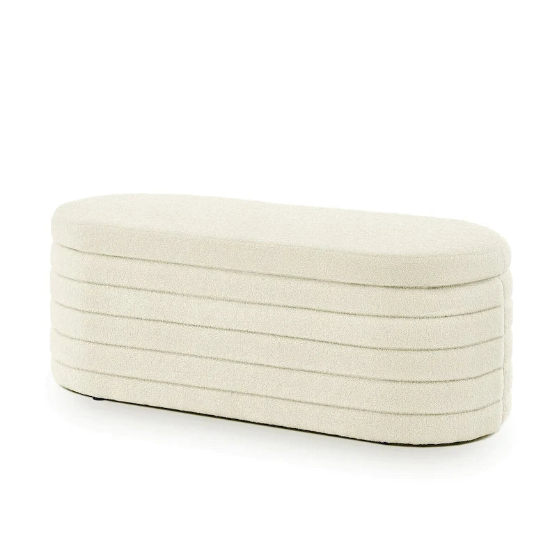 Modern Oval Storage Ottoman Bench,Upholstered Boucle Teddy Fabric End of Bed Bench with Storage,End of Bed Stool