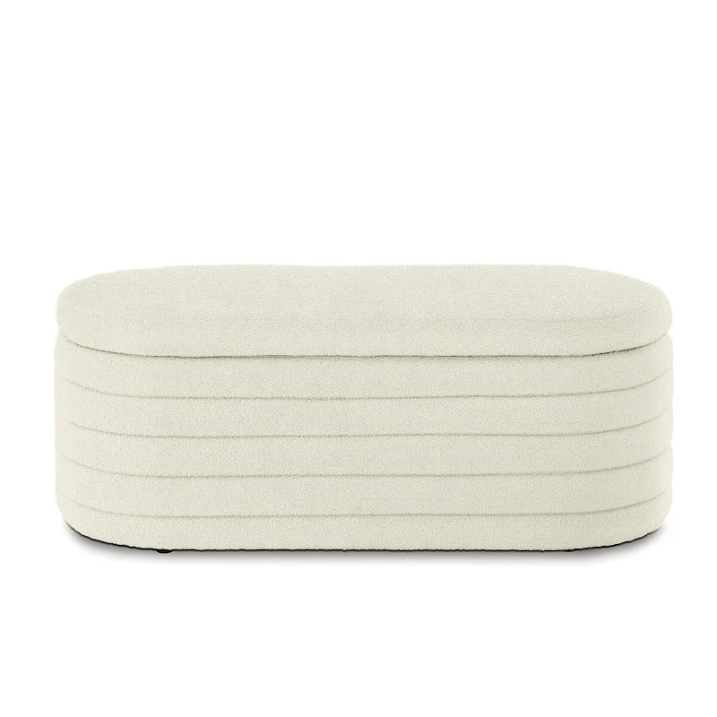 Modern Oval Storage Ottoman Bench,Upholstered Boucle Teddy Fabric End of Bed Bench with Storage,End of Bed Stool
