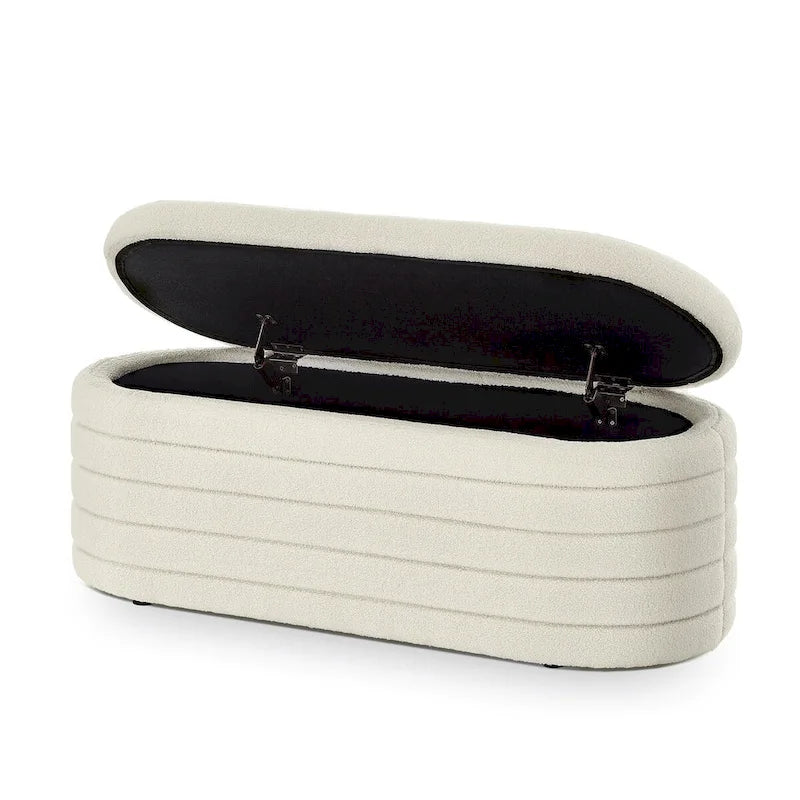 Modern Oval Storage Ottoman Bench,Upholstered Boucle Teddy Fabric End of Bed Bench with Storage,End of Bed Stool