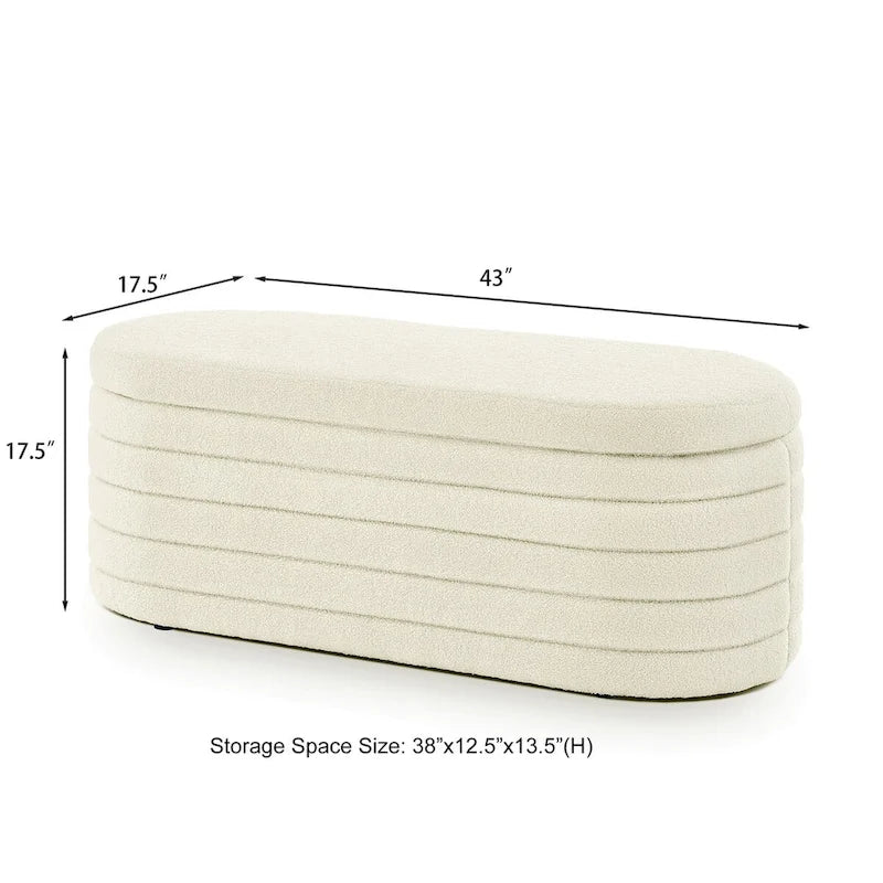 Modern Oval Storage Ottoman Bench,Upholstered Boucle Teddy Fabric End of Bed Bench with Storage,End of Bed Stool
