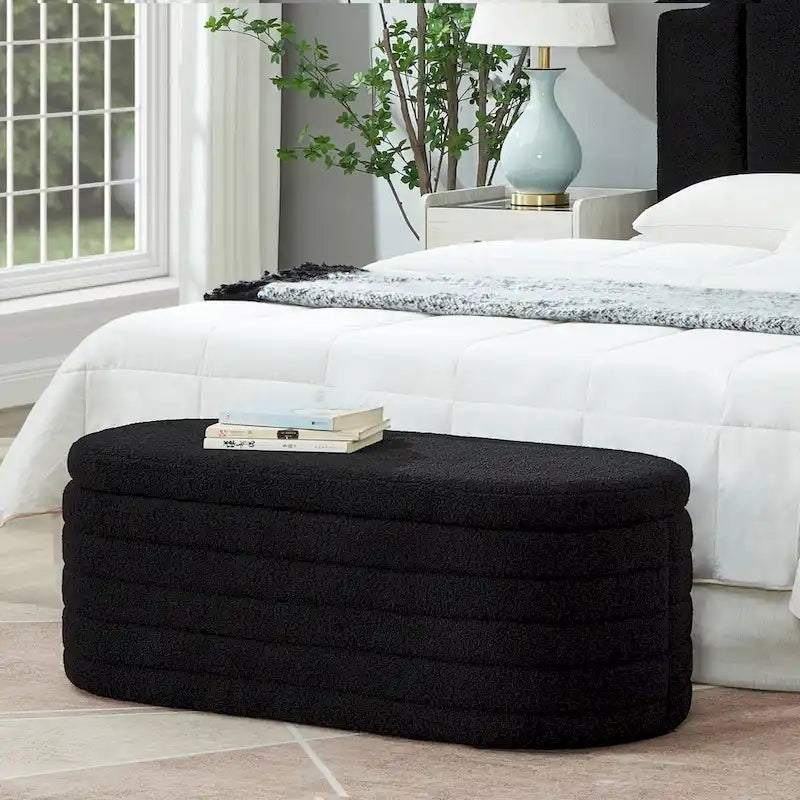 Modern Oval Storage Ottoman Bench,Upholstered Boucle Teddy Fabric End of Bed Bench with Storage,End of Bed Stool