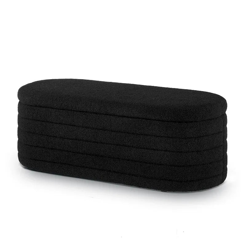 Modern Oval Storage Ottoman Bench,Upholstered Boucle Teddy Fabric End of Bed Bench with Storage,End of Bed Stool