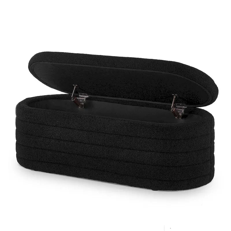 Modern Oval Storage Ottoman Bench,Upholstered Boucle Teddy Fabric End of Bed Bench with Storage,End of Bed Stool