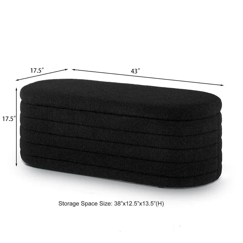 Modern Oval Storage Ottoman Bench,Upholstered Boucle Teddy Fabric End of Bed Bench with Storage,End of Bed Stool