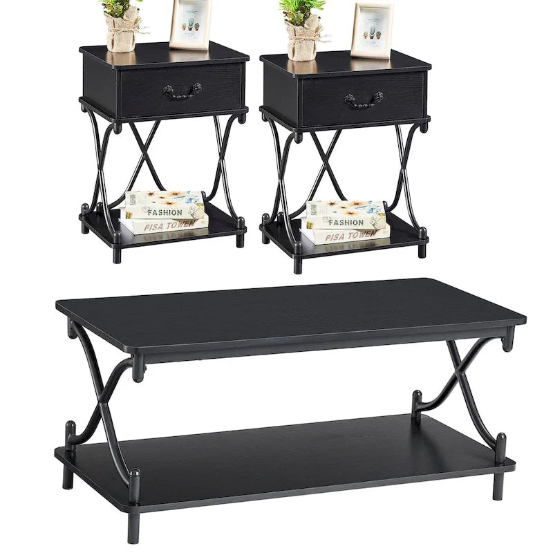 Modern 3-piece Coffee Table, Sofa Table & 1-drawer Nightstand Set of 2(Brown/Black/White)