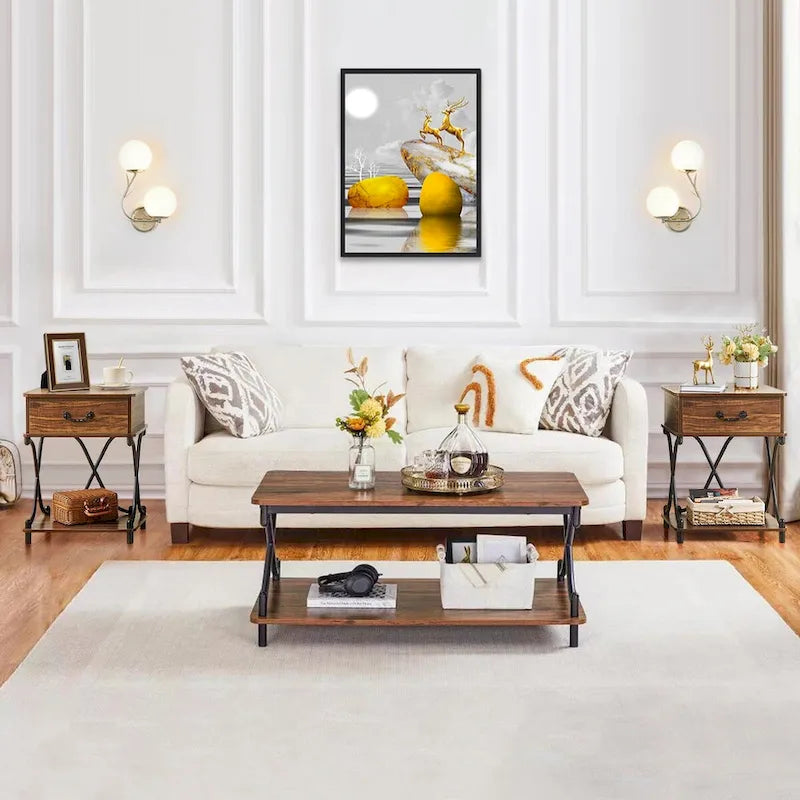 Modern 3-piece Coffee Table, Sofa Table & 1-drawer Nightstand Set of 2(Brown/Black/White)