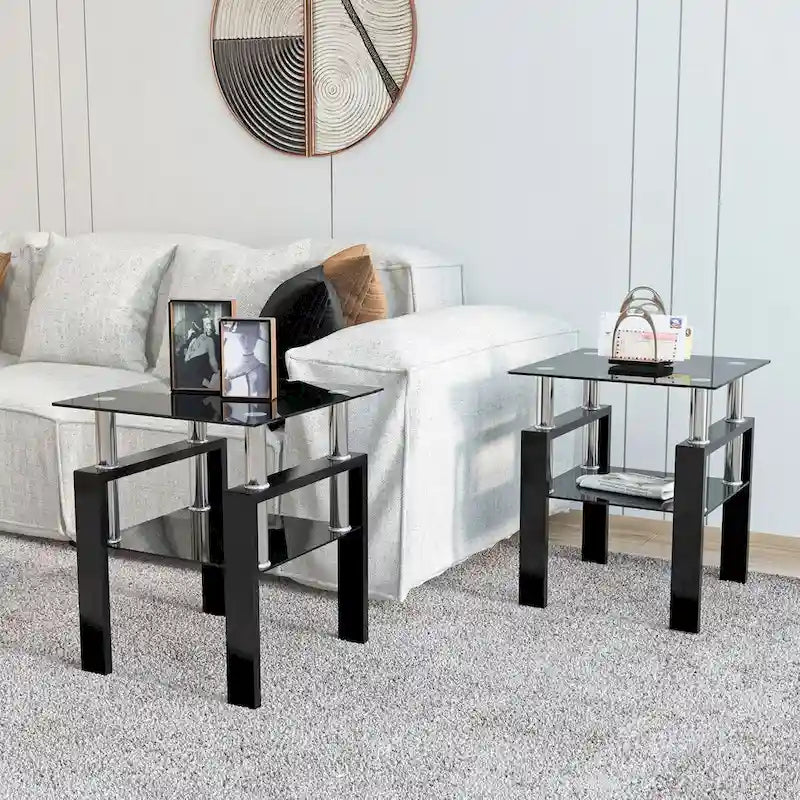Set Of 2, Modern Tempered Glass Tea Table Coffee Table End Table