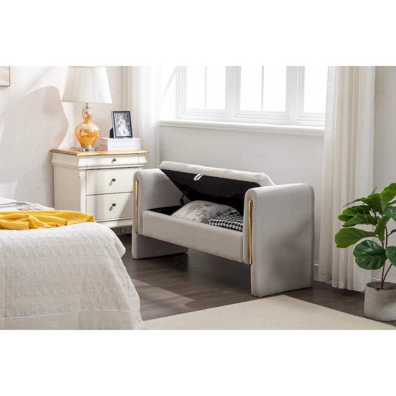 Velvet Fabric Storage Bench Bedroom Bench With Gold Metal Trim Strip For Living Room Bedroom Indoor