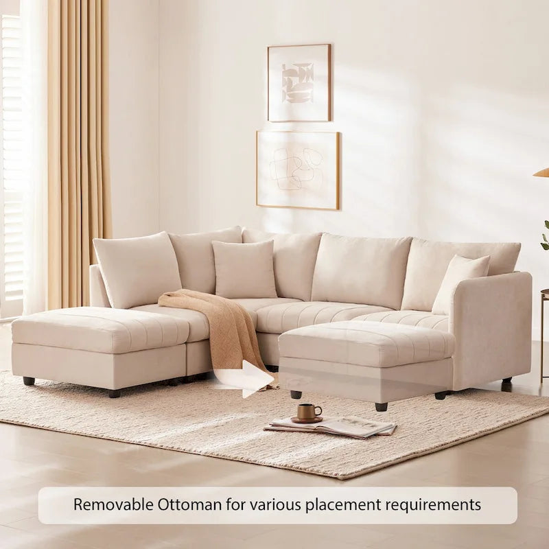 Modern L-Shape Sectional Sofa with Vertical Stripes,2 Pillows,Ottoman,Various Combinations,Beige