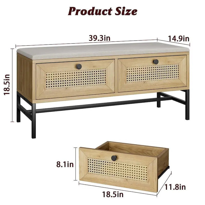 Rattan Shoe Bench Entryway Bench with 2 Storage Drawers