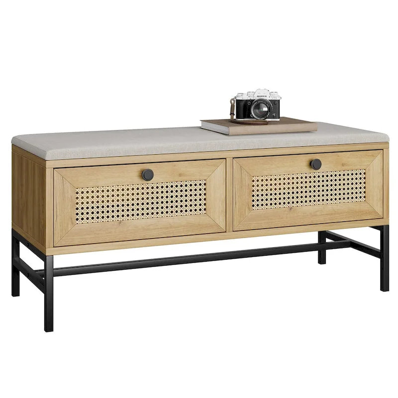 Rattan Shoe Bench Entryway Bench with 2 Storage Drawers