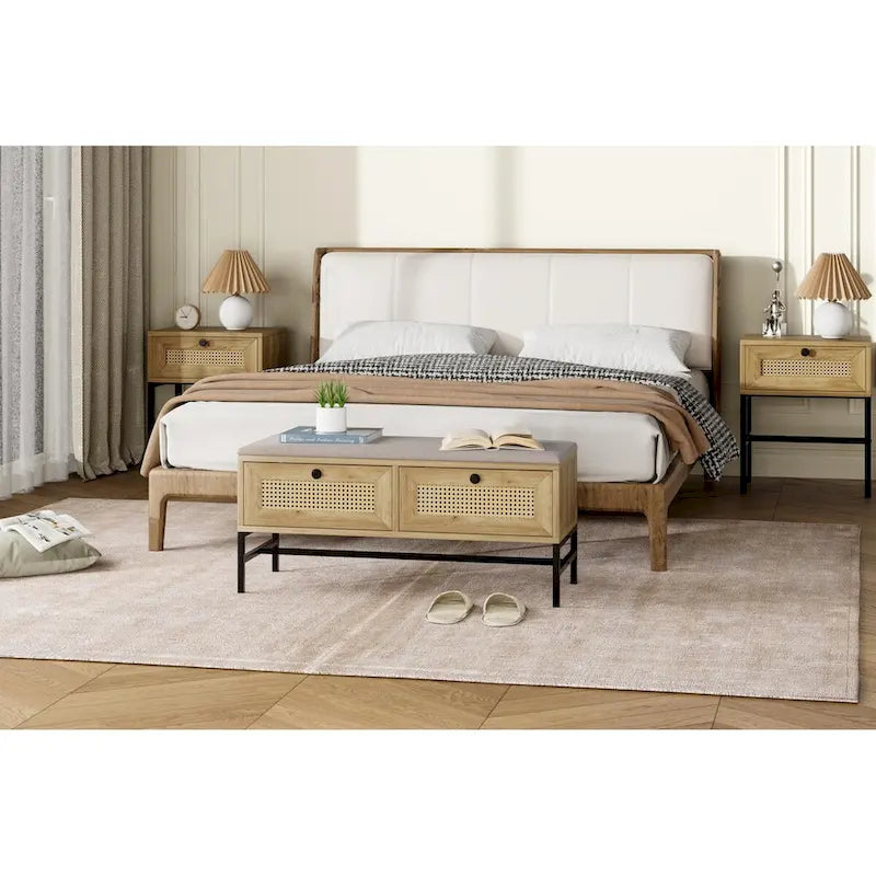 Rattan Shoe Bench Entryway Bench with 2 Storage Drawers
