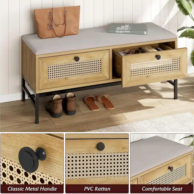 Rattan Shoe Bench Entryway Bench with 2 Storage Drawers