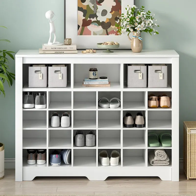 Sleek Design 24 Shoe Cubby Console, Modern Shoe Cabinet with Curved Base, Versatile Sideboard with High-quality for Hallway