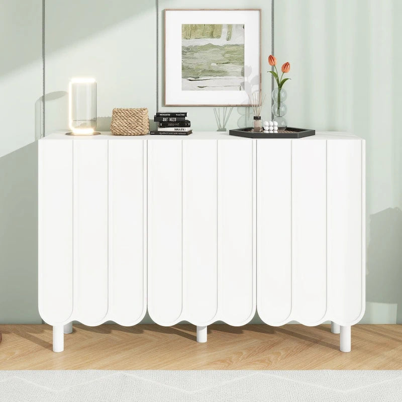 Shoe Cabinet with 5 Solid Wood Legs, Sideboard Buffet Cabinet with Adjustable Shelves, Large Storage Cabinet with Wave Doors