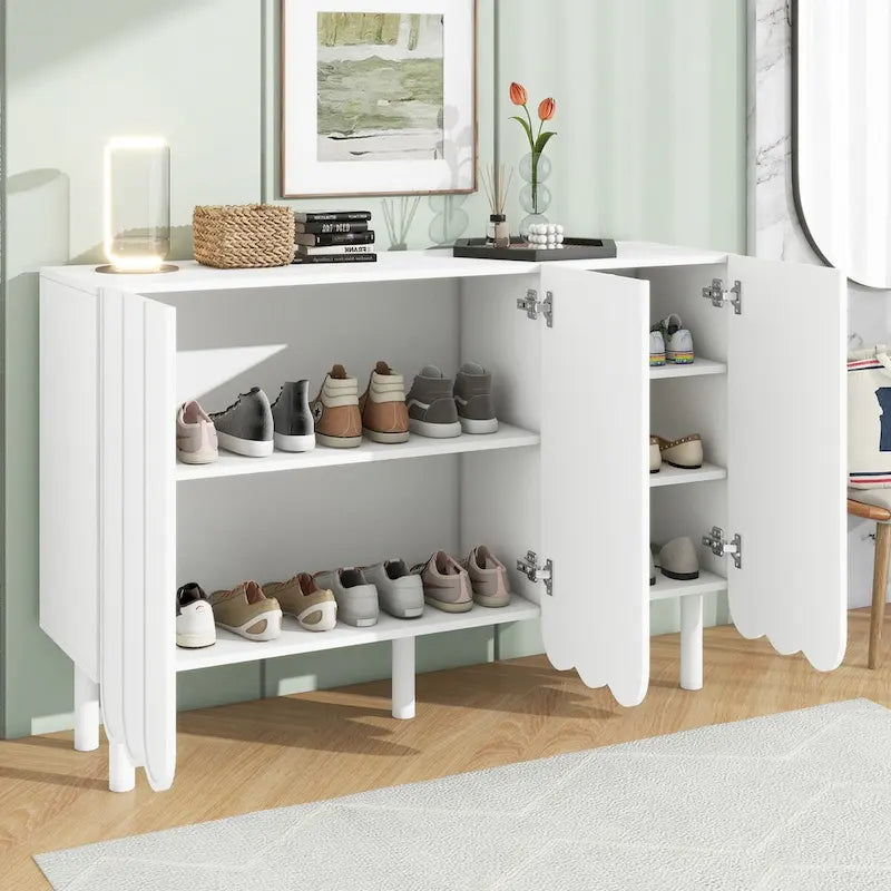 Shoe Cabinet with 5 Solid Wood Legs, Sideboard Buffet Cabinet with Adjustable Shelves, Large Storage Cabinet with Wave Doors