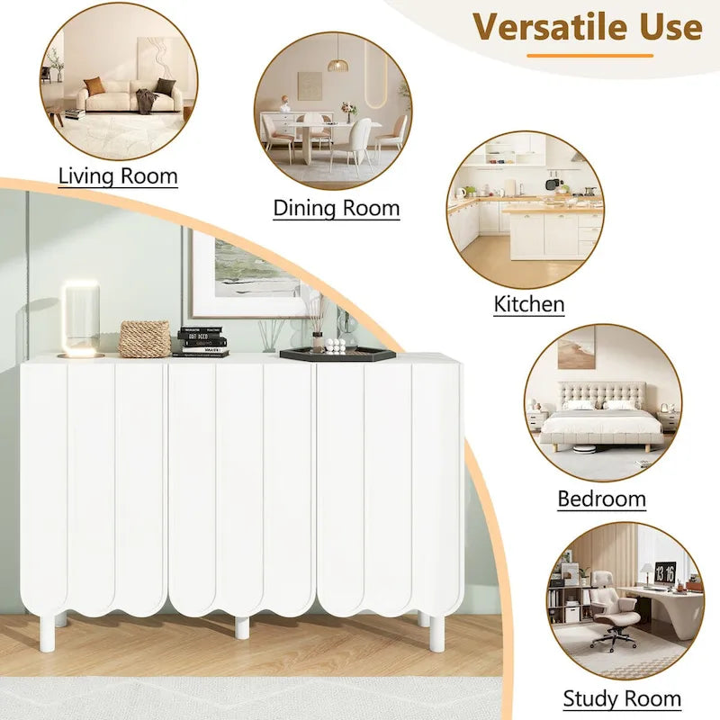 Shoe Cabinet with 5 Solid Wood Legs, Sideboard Buffet Cabinet with Adjustable Shelves, Large Storage Cabinet with Wave Doors