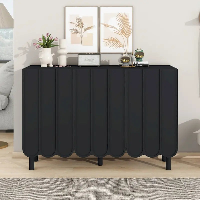Shoe Cabinet with 5 Solid Wood Legs, Sideboard Buffet Cabinet with Adjustable Shelves, Large Storage Cabinet with Wave Doors